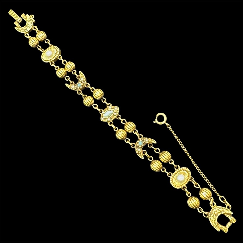 Goldette Vintage Double Row Gold Tone Victorian Revival Clasp Bracelet 60s